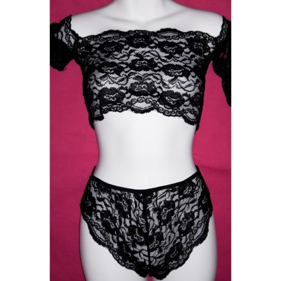 Off Shoulder Sheer Black Lace Bralette Panty Set - Picture 5 of 6